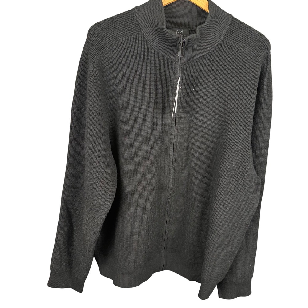 Magaschoni Mens Black Waffle Knit Full Zip Mock Neck Sweater XXL New